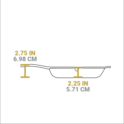 Dimensional drawing of product. Depth of cooking surface is 2.25 inches, height of handle from bottom is 2.75 inches.