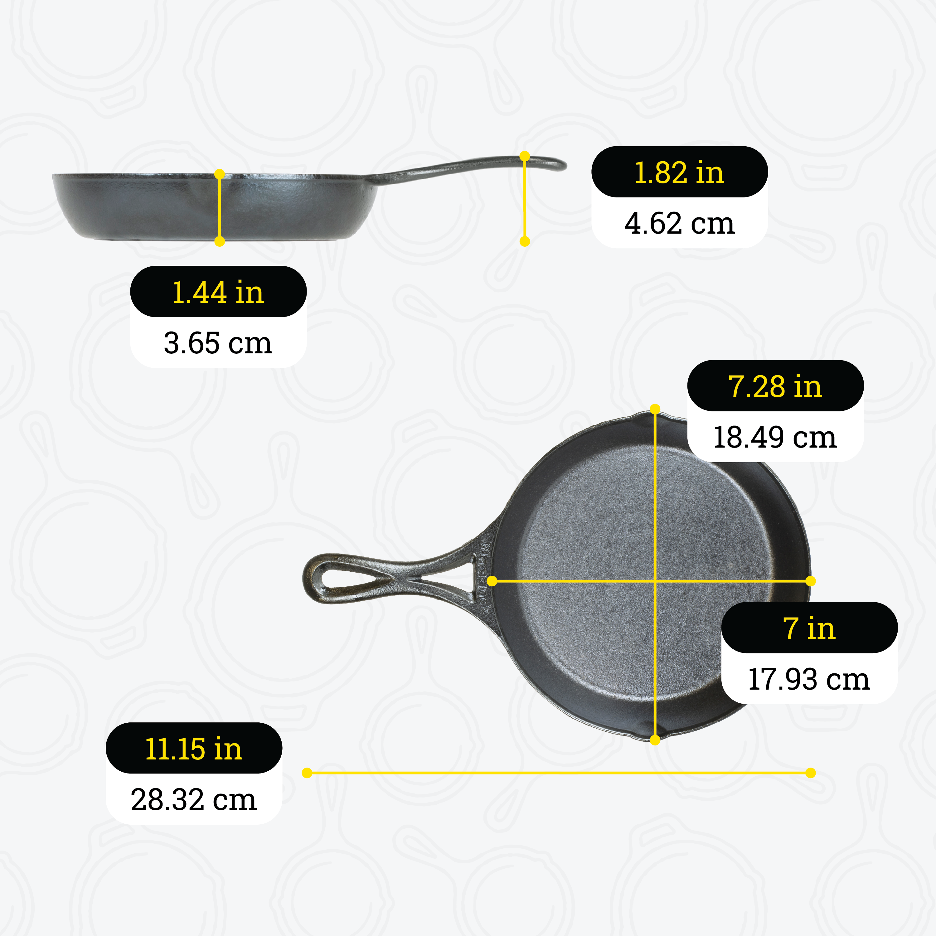 Dimensional drawing of 7 inch skillet. Depth of cooking surface is 1.44 inches, height of handle from bottom is 1.82 inches, total width is 7.28 inches, total length including handle is 11.15 inches, length of cooking surface is 7 inches, and width of cooking surface from pour spout to pour spout is 7.28 inches.