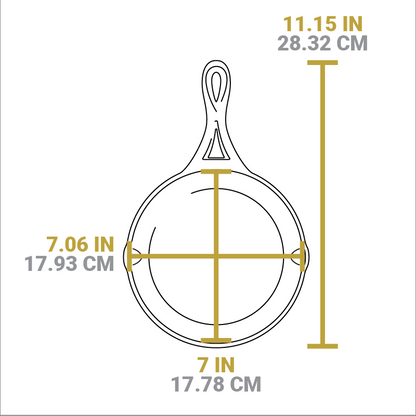 Dimensional drawing of product. Total length including handle is 11.15 inches, length of cooking surface is 7 inches, and width of cooking surface from pour spout to pour spout is 7.06 inches.