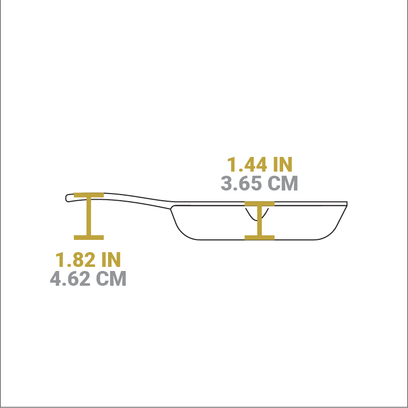 Dimensional drawing of product. Depth of cooking surface is 1.44 inches, height of handle from bottom is 1.82 inches.