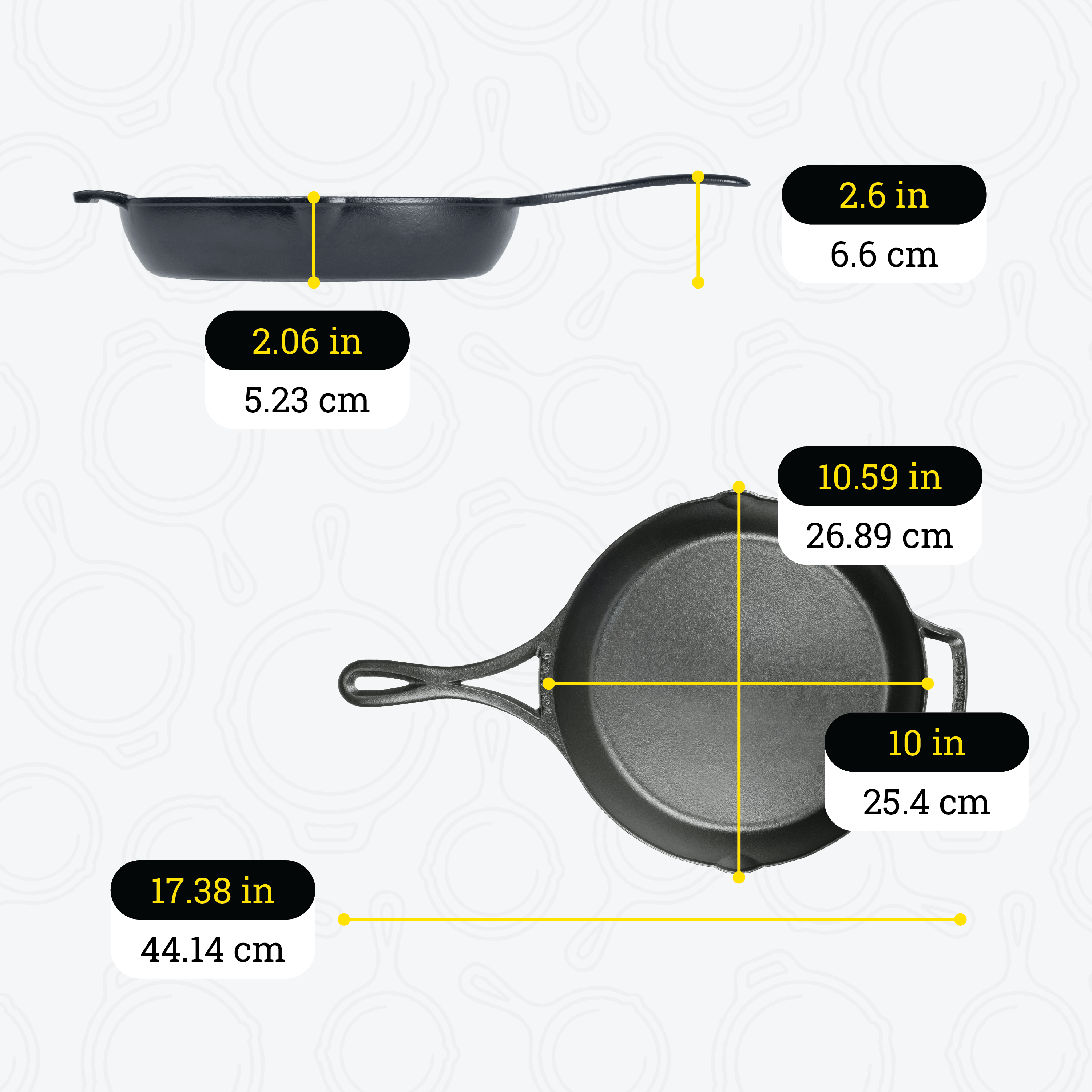 Dimensional drawing of 10.25 inch skillet. Total width is 10.59 inches, depth of cooking surface is 2.06 inches, height of handle from bottom is 2.6 inches, total length including handle is 17.38 inches, length of cooking surface is 10 inches, and width of cooking surface from pour spout to pour spout is 10.59 inches.