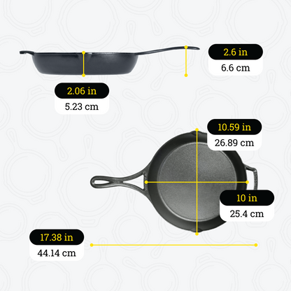 Dimensional drawing of 10.25 inch skillet. Total width is 10.59 inches, depth of cooking surface is 2.06 inches, height of handle from bottom is 2.6 inches, total length including handle is 17.38 inches, length of cooking surface is 10 inches, and width of cooking surface from pour spout to pour spout is 10.59 inches.