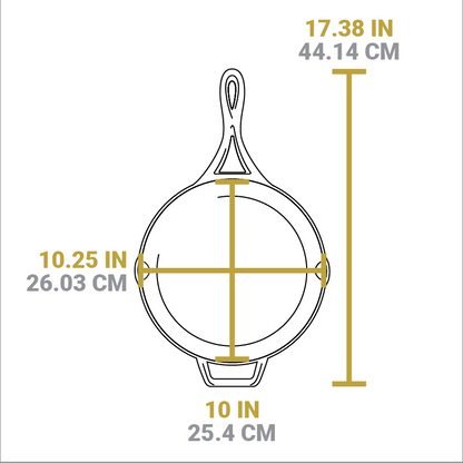Dimensional drawing of product. Total length including handle is 17.38 inches, length of cooking surface is 10 inches, and width of cooking surface from pour spout to pour spout is 10.25 inches.