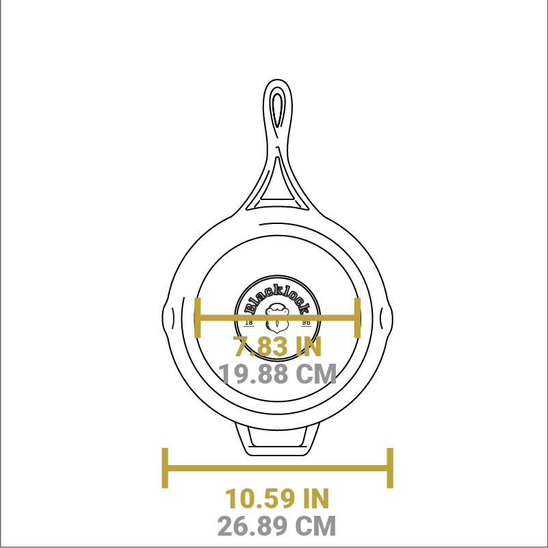 Dimensional drawing of product. Width of flat bottom is 7.83 inches, total width is 10.59 inches.