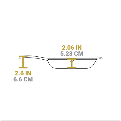 Dimensional drawing of product. Depth of cooking surface is 2.06 inches, height of handle from bottom is 2.6 inches.