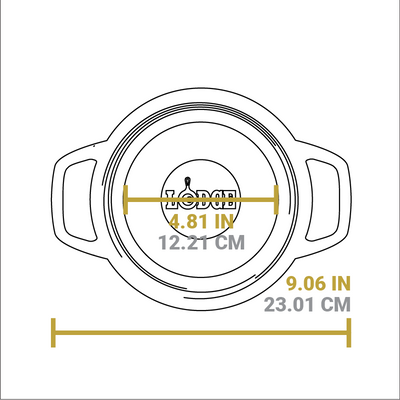 Dimensional drawing of product. Total width handle to handle is 9.06 inches, width of flat bottom is 4.81 inches.