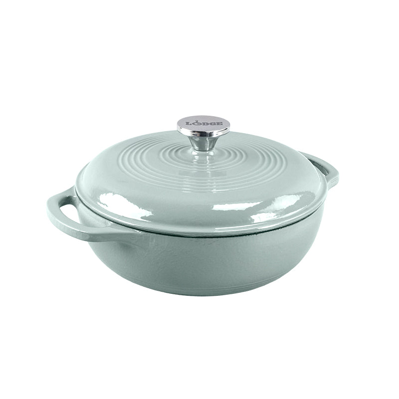 Desert Sage enameled cast iron Dutch oven with lid on a white background