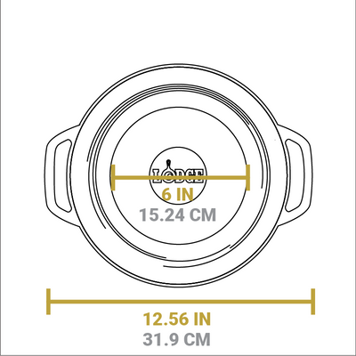 Dimensional drawing of product. Total width handle to handle is 12.56 inches, width of flat bottom is 6 inches.