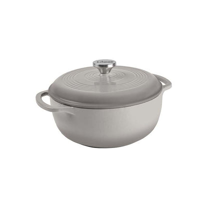 Grey enameled cast iron Dutch oven with lid on a white background