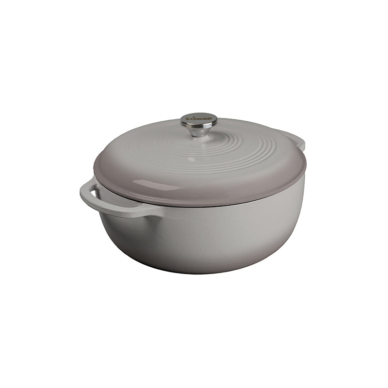 Grey enameled cast iron Dutch oven with lid on a white background