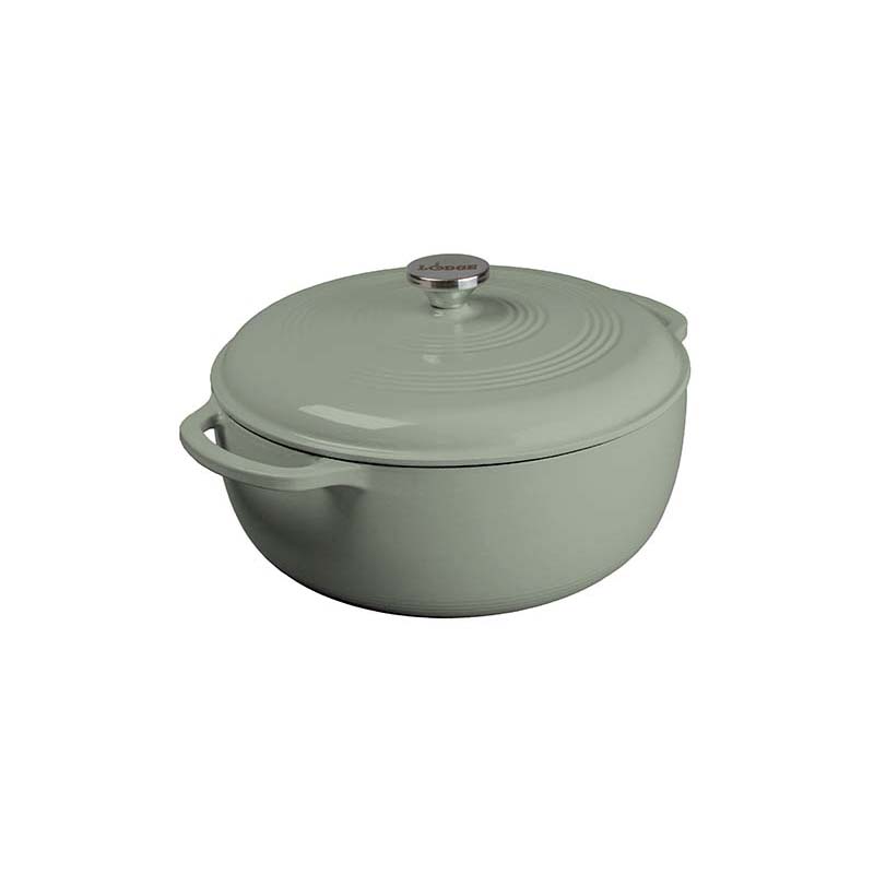 Desert Sage enameled cast iron Dutch oven with lid on a white background