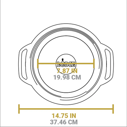 Dimensional drawing of product. Total width handle to handle is 14.75 inches, width of flat bottom is 7.87 inches.