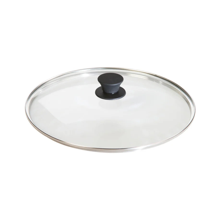Round glass lid with transparent top, silver rim, and black knob in middle.