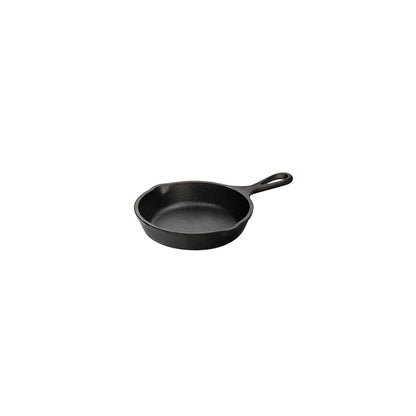 Black skillet with long handle and 2 pour spouts.