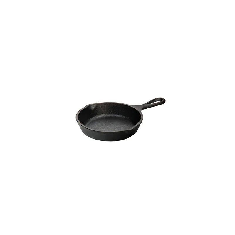Black skillet with long handle and 2 pour spouts.