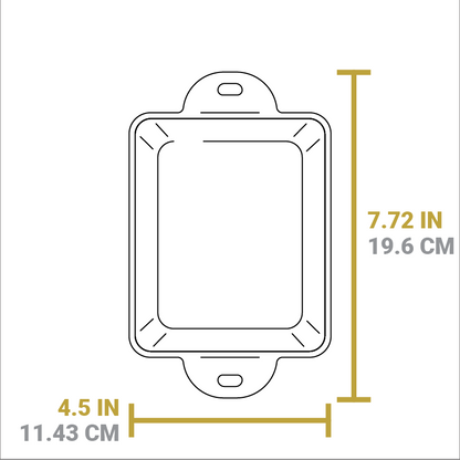 Dimensional drawing of product. Width from handle to handle is 7.72 inches, length is 4.5 inches.