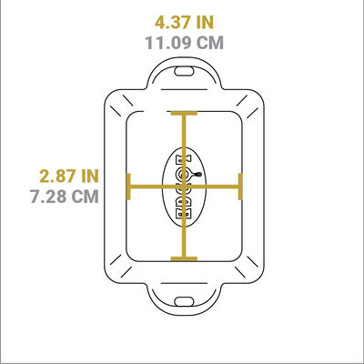 Dimensional drawing of product. Flat bottom width is 4.37 inches, flat bottom length is 2.87 inches.