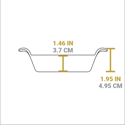 Dimensional drawing of product. Depth of serving bowl portion is 1.46 inches, total height is 1.95 inches.