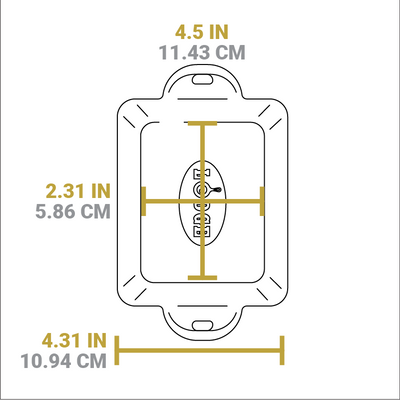 Dimensional drawing of product. Flat bottom width is 4.37 inches, flat bottom length is 2.87 inches, and total length is 4.31 inches.