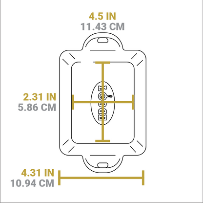 Dimensional drawing of product. Flat bottom width is 4.37 inches, flat bottom length is 2.87 inches, and total length is 4.31 inches.