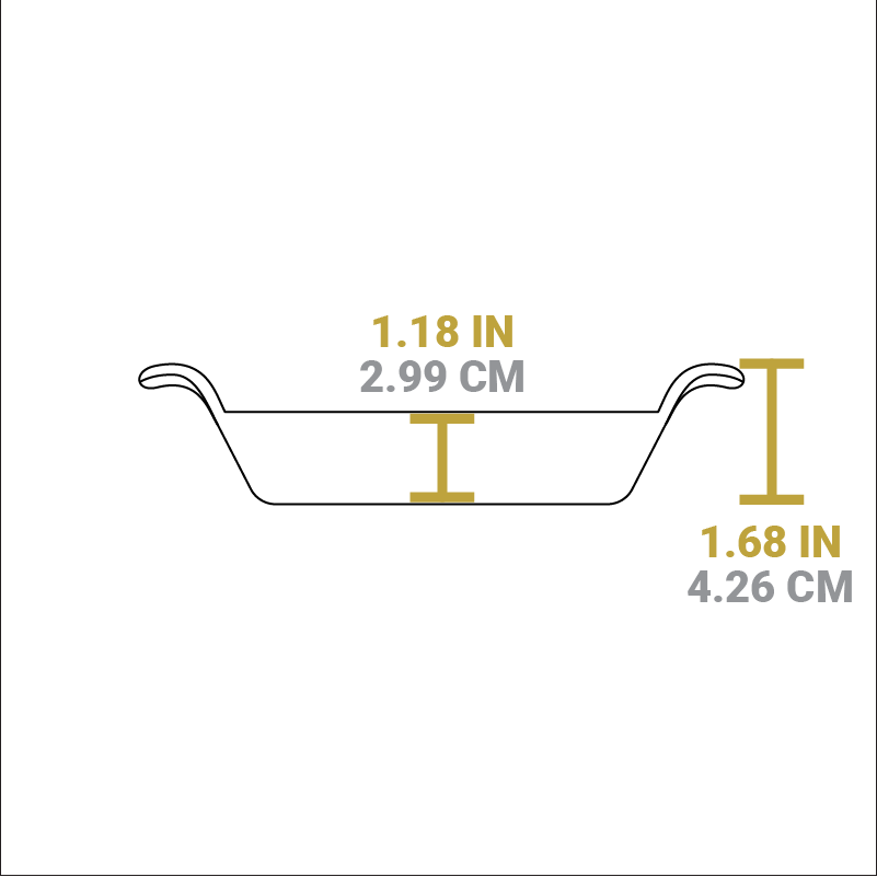 Dimensional drawing of product. Depth of serving bowl portion is 1.18 inches, total height is 1.68 inches.