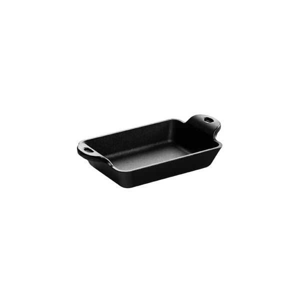 Rectangular cast iron dish with two handles.