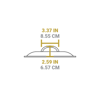 Dimensional drawing of product lid. Total height is 2.59 inches, width of handle is 3.37 inches.