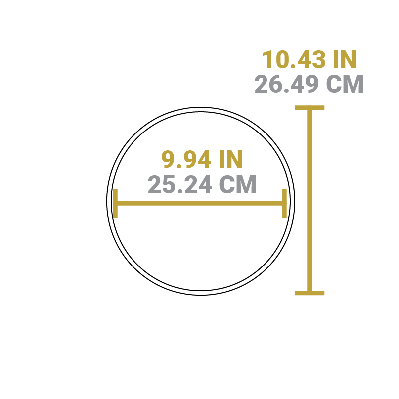 Dimensional drawing of product. Diameter is 9.94 inches, length is 10.43 inches.