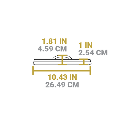 Dimensional drawing of product lid. Total width is 10.43 inches, total height is 1.81 inches, height of lid excluding handle is 1 inch.