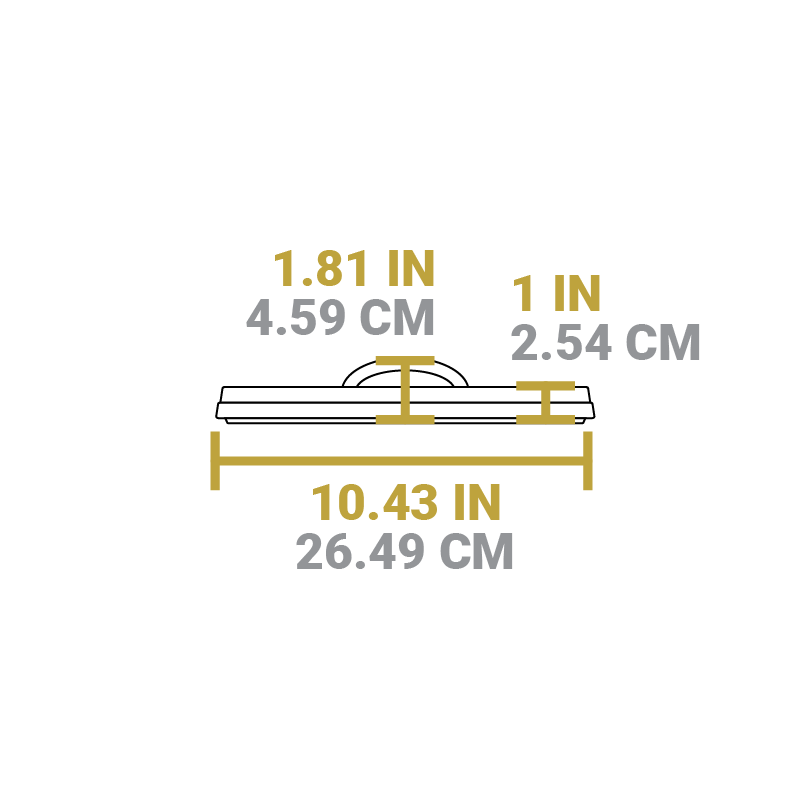 Dimensional drawing of product. Total width is 10.43 inches, height from bottom to top of handle is 1.81 inches, and height of lid portion is 1 inch.