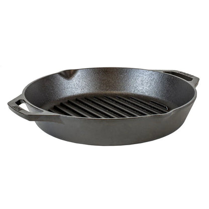 Round grill pan with 2 loop handles and 2 pour spouts.