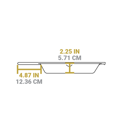 Dimensional drawing product. Depth of skillet is 2.25 inches, handle length is 4.87 inches.