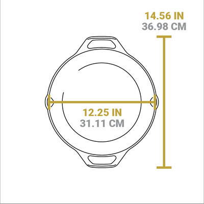 Dimensional drawing of product. Total width from handle to handle is 14.56 inches, total length from pour spout to pour spout is 12.25 inches.