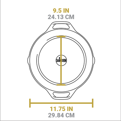 Dimensional drawing of product. Flat bottom width is 9.5 inches, total width is 11.75 inches.