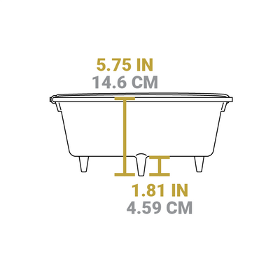 Dimensional drawing of product. Height of dutch oven is 5.75 inches, height of legs is 1.81 inches.