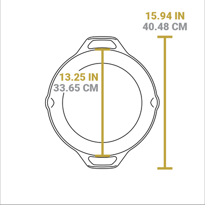Dimensional drawing of product. Total width from handle to handle is 15.94 inches, width of cooking surface is 13.25 inches.
