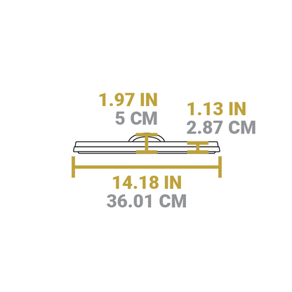 Dimensional drawing of product lid. Total width is 14.18 inches, total height is 1.97 inches, height of lid excluding handle is 1.13 inches.