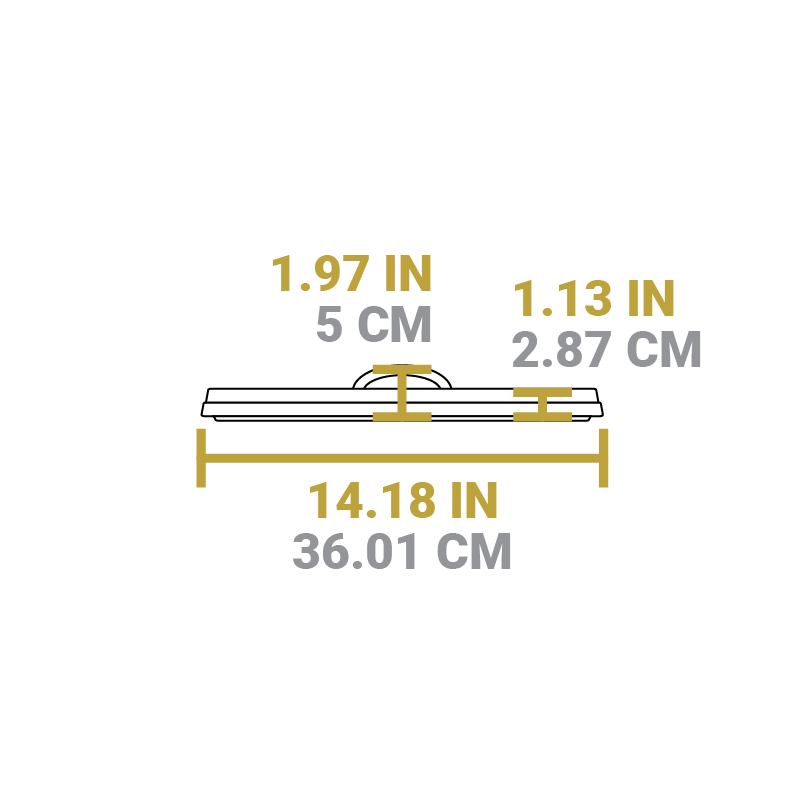 Dimensional drawing of product lid. Total width is 14.18 inches, total height is 1.97 inches, height of lid excluding handle is 1.13 inches.