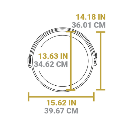 Dimensional drawing of product lid. Total width is 15.62 inches, total length including handle is 14.18 inches, diameter of lid is 13.63 inches.
