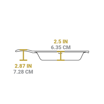 Dimensional drawing product. Depth of skillet is 2.5 inches, handle length is 2.87 inches.