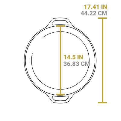 Dimensional drawing of product. Total width from handle to handle is 17.41 inches, width of cooking surface is 14.5 inches.