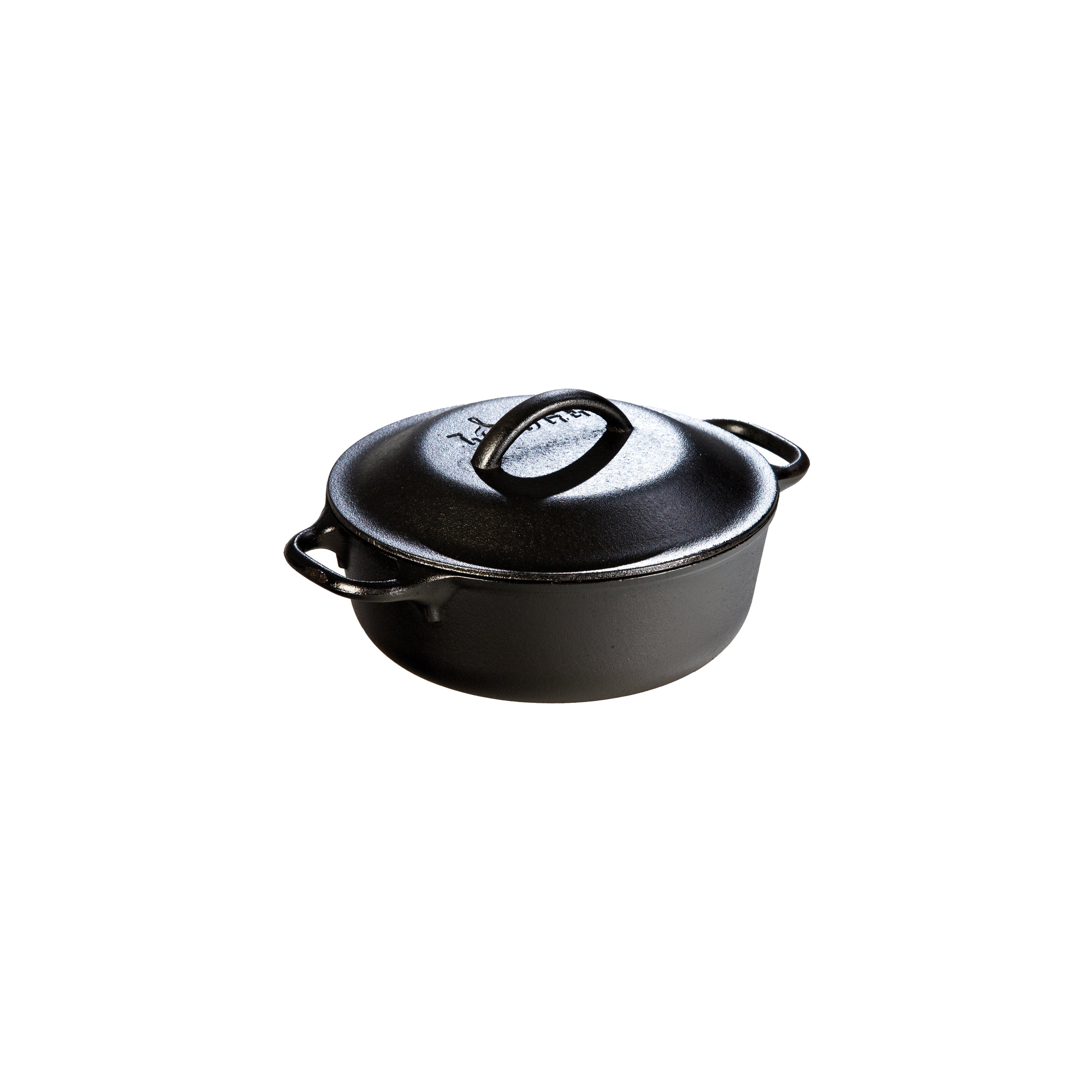 Cast iron dutch oven with lid. A loop handle on each side and a handle on top of lid.