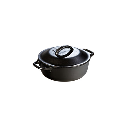 Cast iron dutch oven with lid. A loop handle on each side and a handle on top of lid.