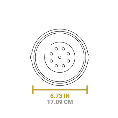 Dimensional drawing of product. Diameter is 6.73 inches.