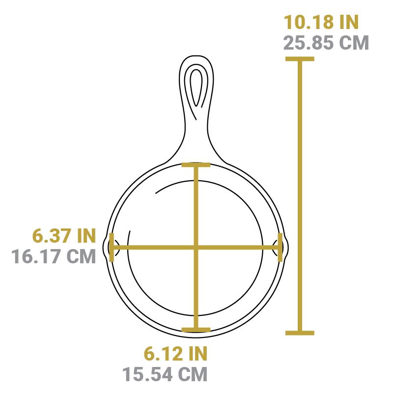 Dimensional drawing product. Full length is 10.18 inches, length of cooking surface is 6.12 inches, width of cooking surface is 6.37 inches.
