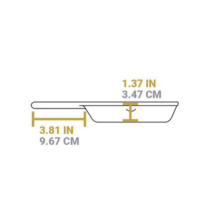 Dimensional drawing of product. Depth of cooking surface is 1.37 inches, and length of handle is 3.81 inches.
