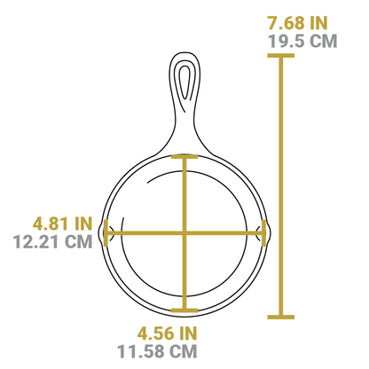 Dimensional drawing product. Full length is 7.68 inches, length of cooking surface is 4.56 inches, width of cooking surface is 4.81 inches.