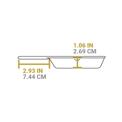 Dimensional drawing product. Depth of cooking surface is 1.06 inches, length of handle is 2.93 inches.