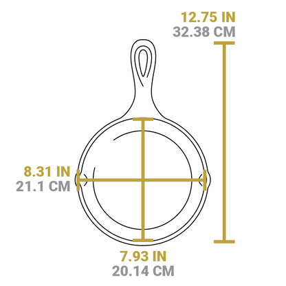 Dimensional drawing product. Full length is 12.75 inches, length of cooking surface is 7.93 inches, width of cooking surface is 8.31 inches.