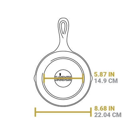 Dimensional drawing of 8" skillet. Flat bottom width is 5.87 inches, total width is 8.68 inches.